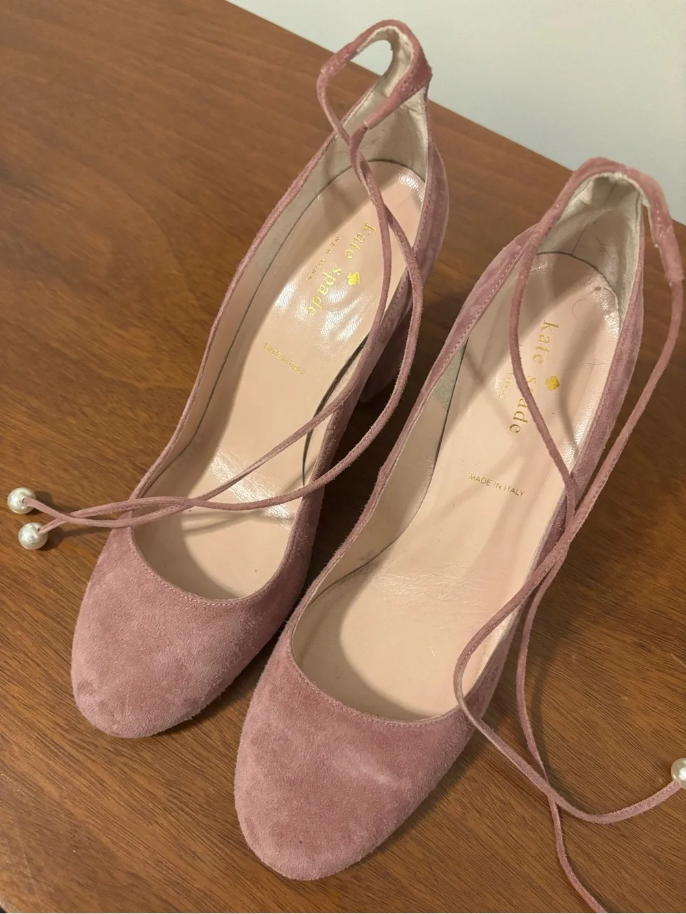 kate spade Pink Suede Lace-Up Heels with Pearl Tips